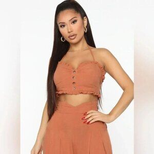 Fashion Nova Heads Up Linen Halter Top Cropped Linen blend Camel Size XL